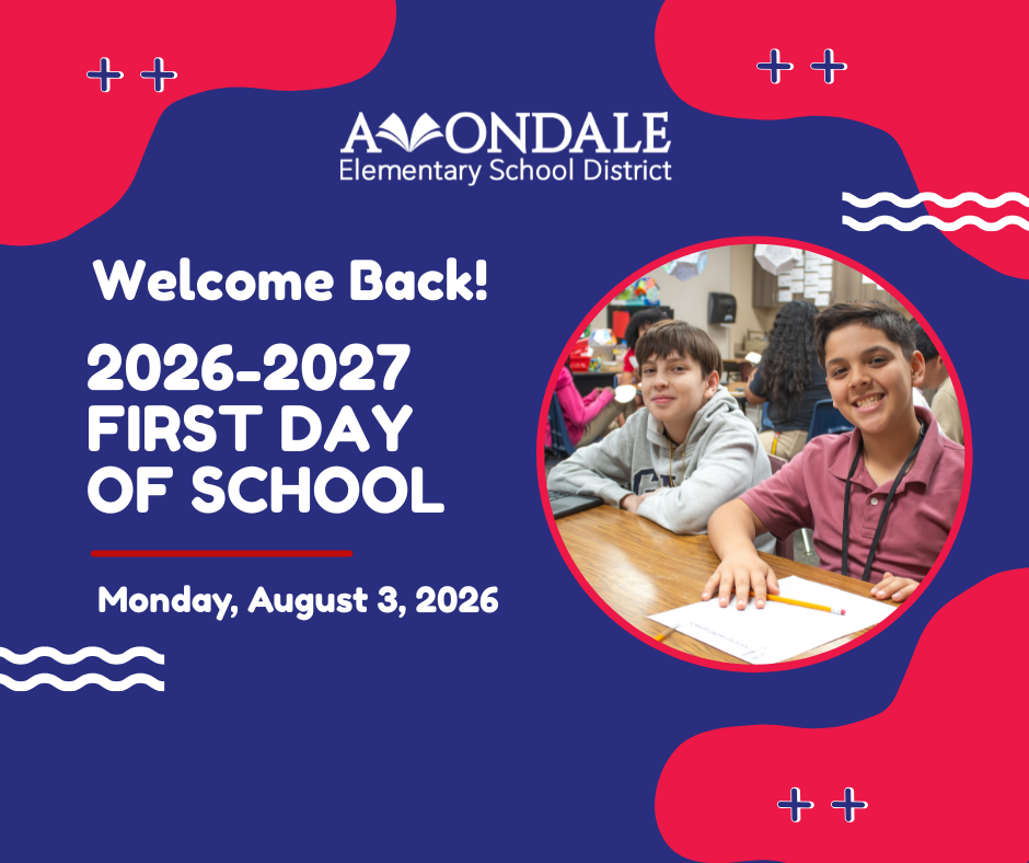 Graphic that says Welcome Back 2026-2027 First Day of School Monday, August 3, 2026, with two smiling boys